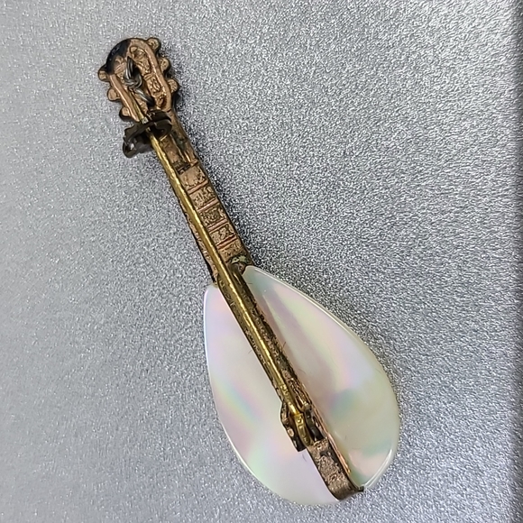 Tiny Vintage Silver & Mother of Pearl Guitar Pin Brooch Eclectic Unique Music - Picture 3 of 4